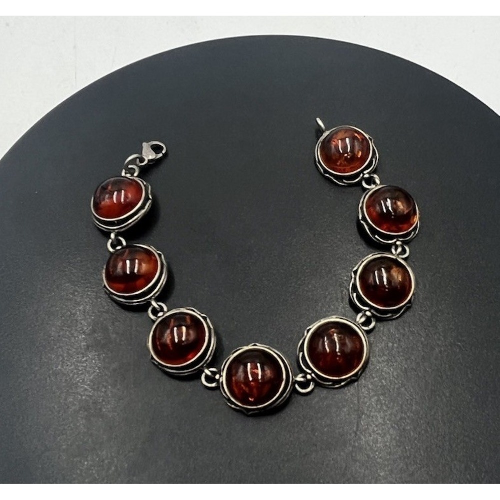 Vintage Sterling 925 Genuine Baltic Amber‎ Bezel Cabochon Setting Link Bracelet - Picture 2 of 13